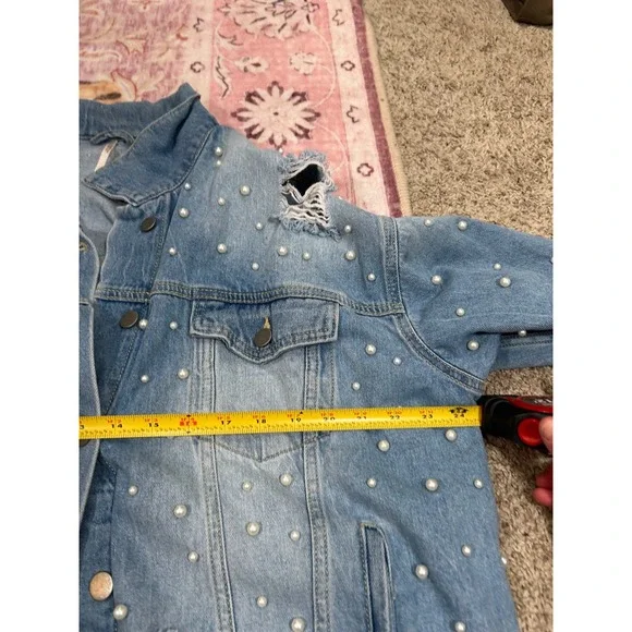 Oversized‎ Free People Sunday Funday Pearl Jean Denim Distressed Jacket L Cotton - Picture 7 of 8